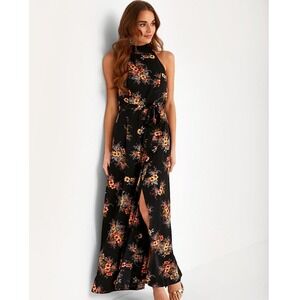 Papillon Floral Halter Jumpsuit Slit Tie Waist Black Floral Red Yellow Occasion